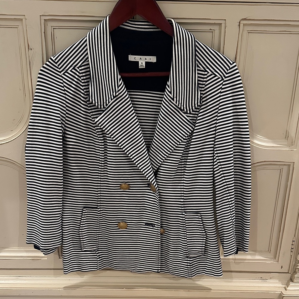 CAbi Black & White Striped Double-Breasted Blazer Jacket
